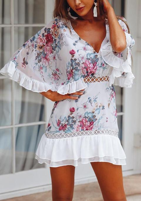 Mini Abito Con Scollo Av Con V-collo Stampa Floreale Dolce Bianco