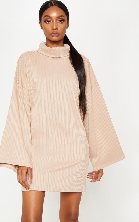 Stone Wide Rib High Neck Oversized Jumper Dress, White