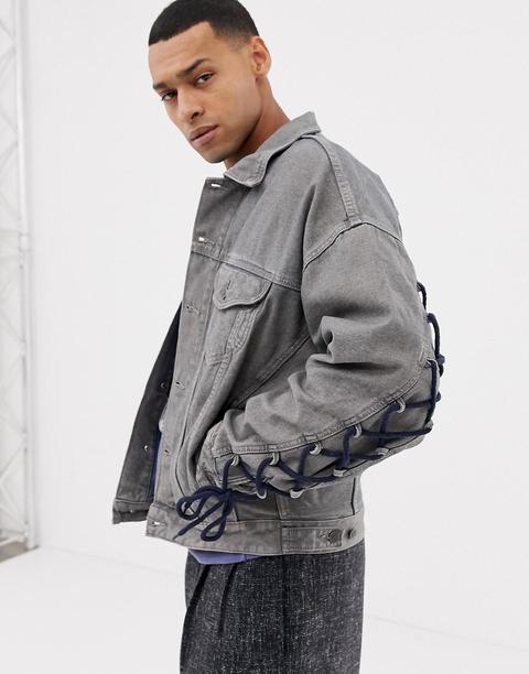 Asos Design - Giacca Di Jeans Oversize Grigia Con Laccetti Sulle Maniche - Grigio