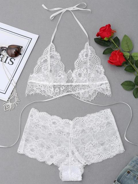 Set Bralette Con Halter In Pizzo White