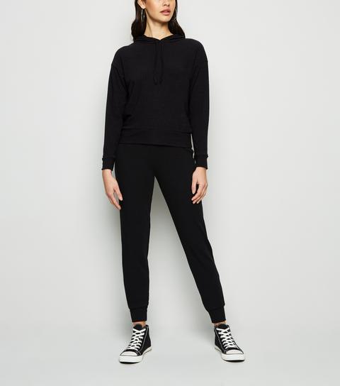 Black Ribbed Hoodie And Jogger Set New 