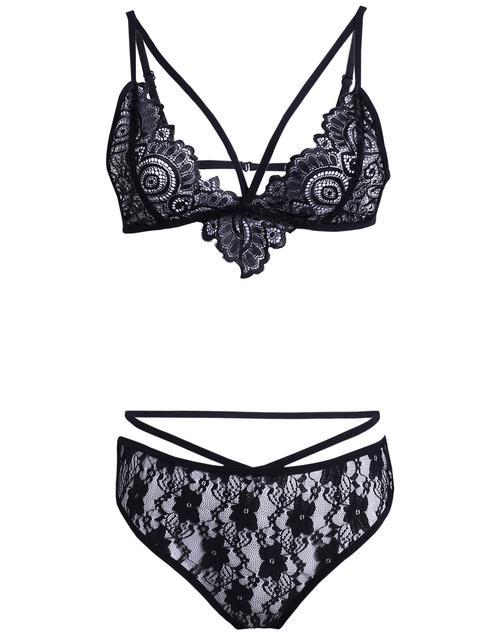 Black Lace Spliced Spaghetti Straps Bikini Set