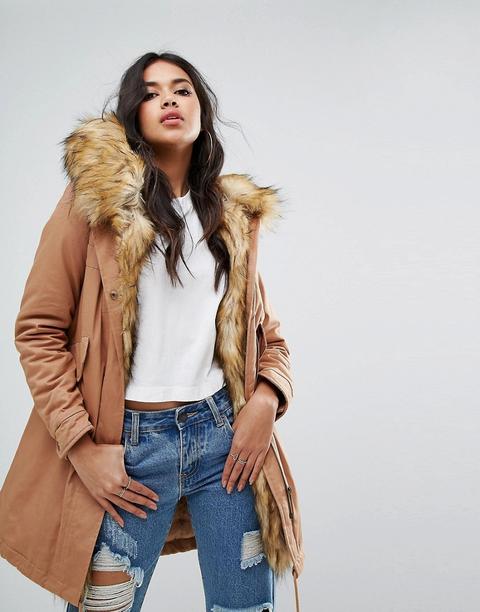 Boohoo - Parka Con Fodera In Pelliccia Sintetica - Beige