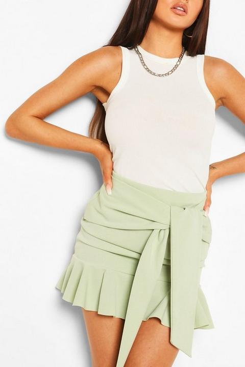 Womens Tie Waist Drop Hem Mini Skirt - Green - 12, Green