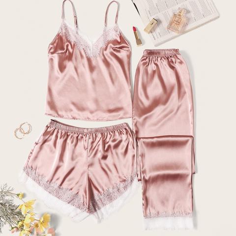 Eyelash Lace Satin Cami Pj Set With Pants