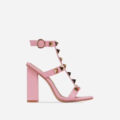 Malaga Studded Detail Caged Square Toe Block Heel In Pink Faux Leather, Pink