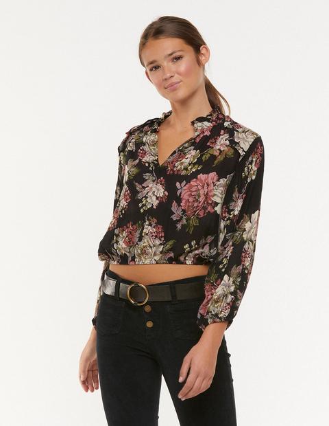 Camisa Cuello Perkins Print Flor Grande Antracita