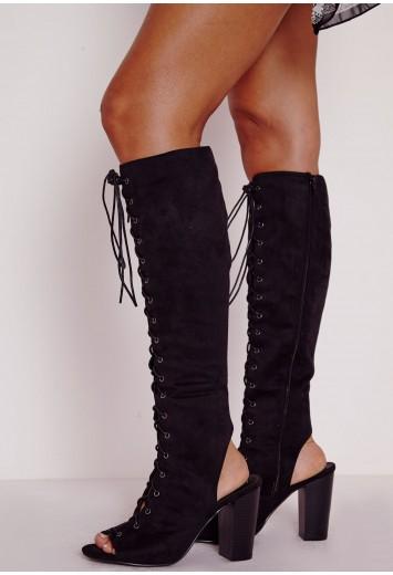 Lace Up Knee High Block Heeled Boots Black