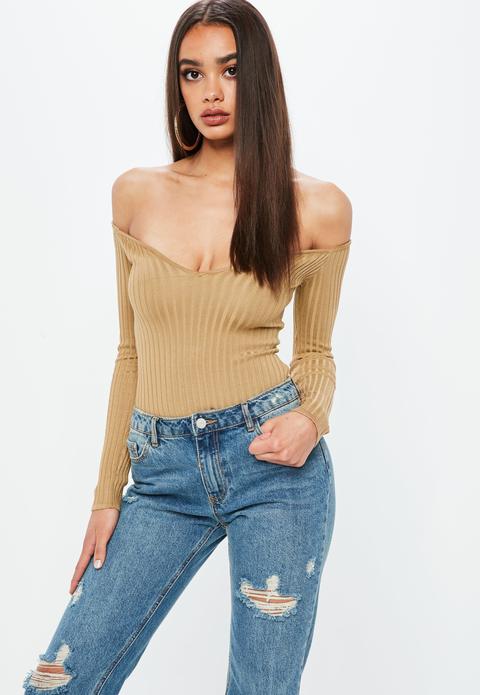 Camel Knitted Sweetheart Neck Ribbed Bodysuit