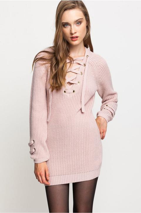 Pullover Rosa Lungo Con Intrecci