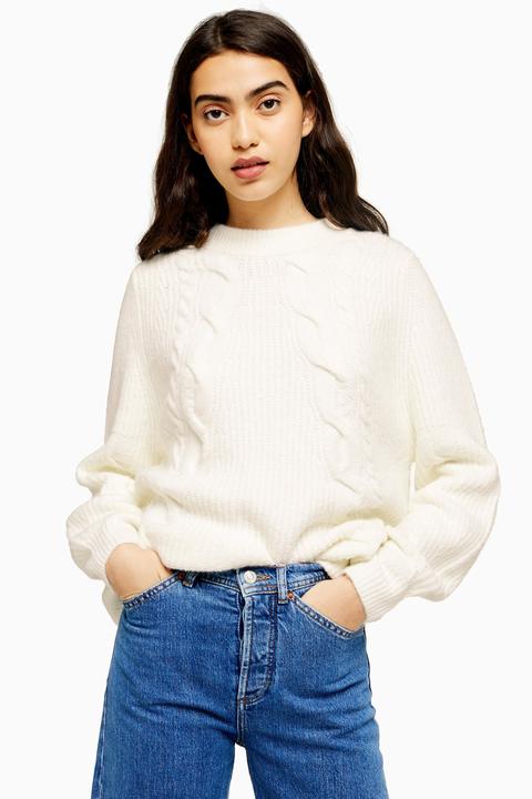 Womens White Super Soft Diagonal Cable Jumper - White, White