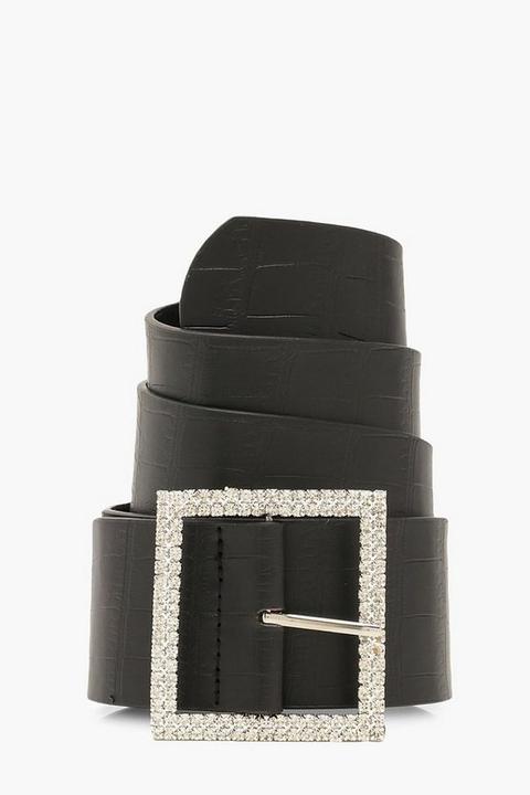 Ceinture À Boucle Carrée Croco En Strass - Noir - One Size, Noir
