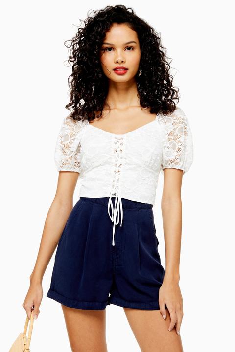 Womens Cream Tie Up Lace Crop Top - Cream, Cream