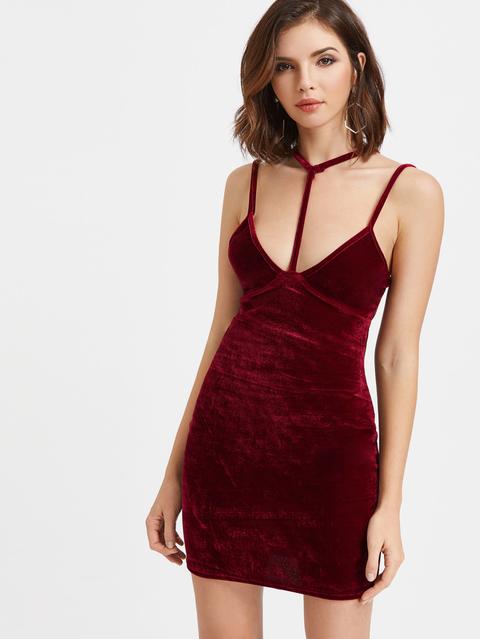 Burgundy Velvet Choker Strap Bodycon Dress