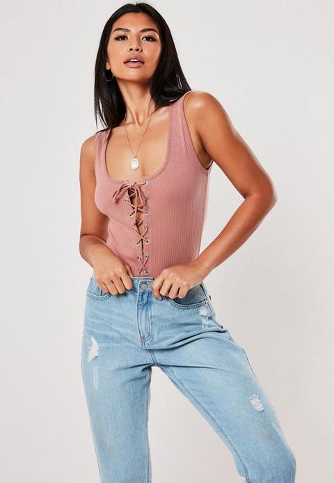 Pink Lace Up Front Ribbed Sleeveless Bodysuit, Pink