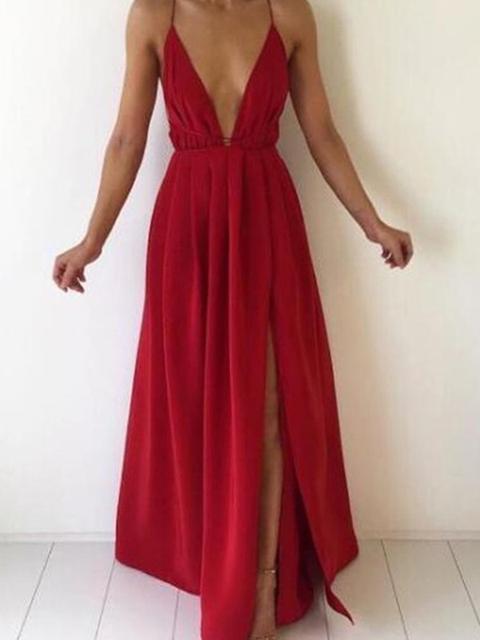 Maxi Dress Drappeggio Laterale Drappeggiato Con Spalline Stropicciate Festa Bohémien Rossa Rosso