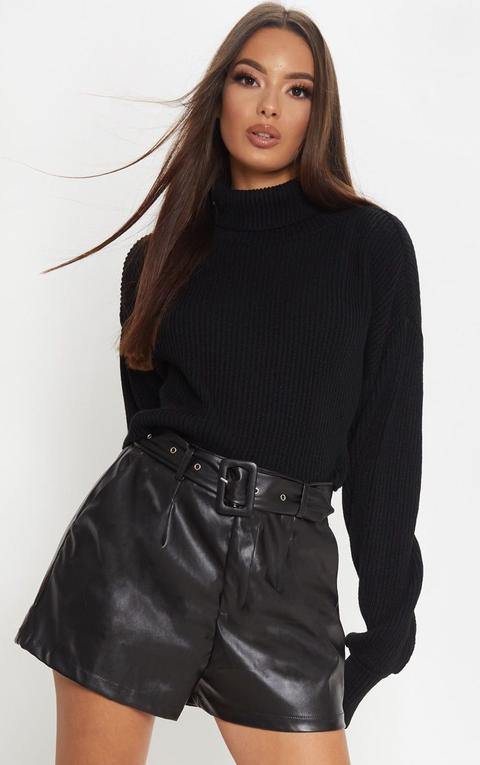 Black Faux Leather Belted Detail Shorts