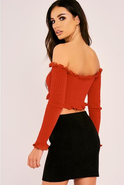 Sarah Ashcroft Red Ribbed Ruffle Long Sleeved Bardot Crop Top