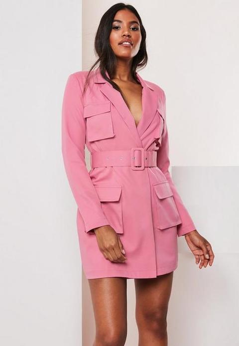 Pink Tailored Belted Utility Blazer Dress, Pink