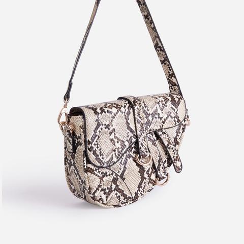 Issy Curved Cross Body Saddle Bag In Nude Snake Print Faux Leather,, Nude