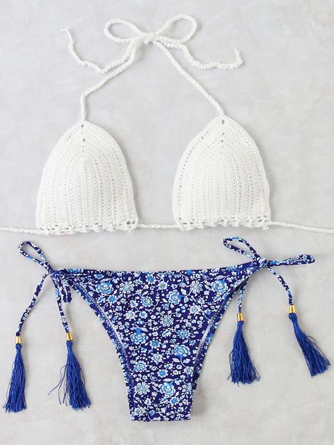 Sets De Bikini Con Estampado Floral Con Flecos - Blanco