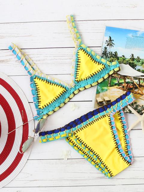 Yellow Crochet Trim Triangle Bikini Set