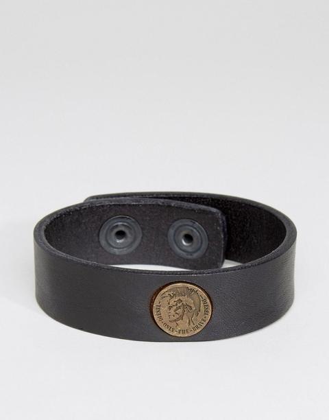 Diesel - A-shoot - Bracciale Nero In Pelle Con Logo - Nero