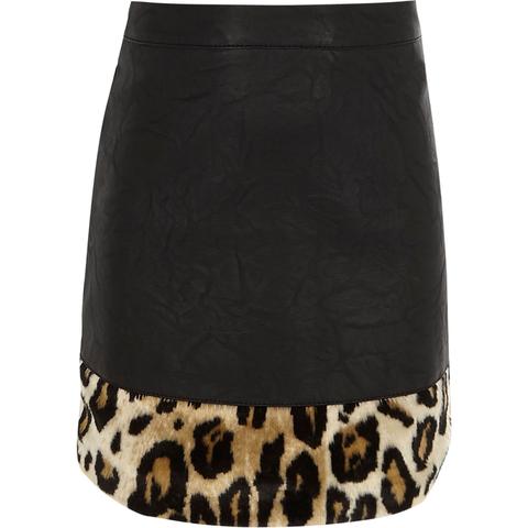 Girls Black Faux Leather Leopard Print Skirt