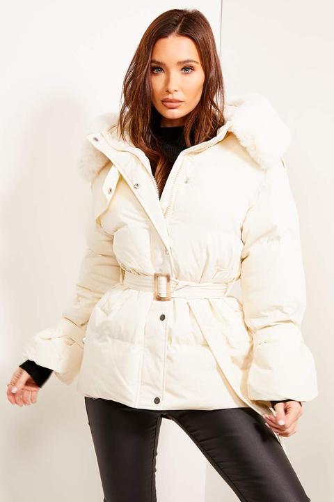 Cream Padded Faux Fur Belted Coat