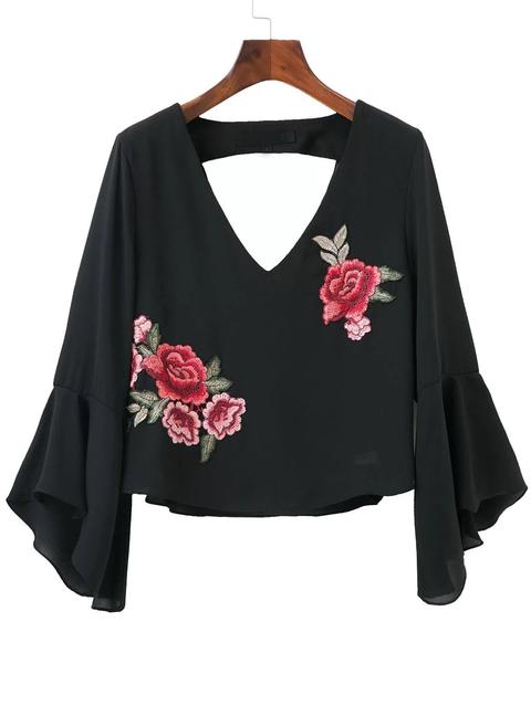 Campana Nera Maniche Ampie Camicetta Con Fiore Patch