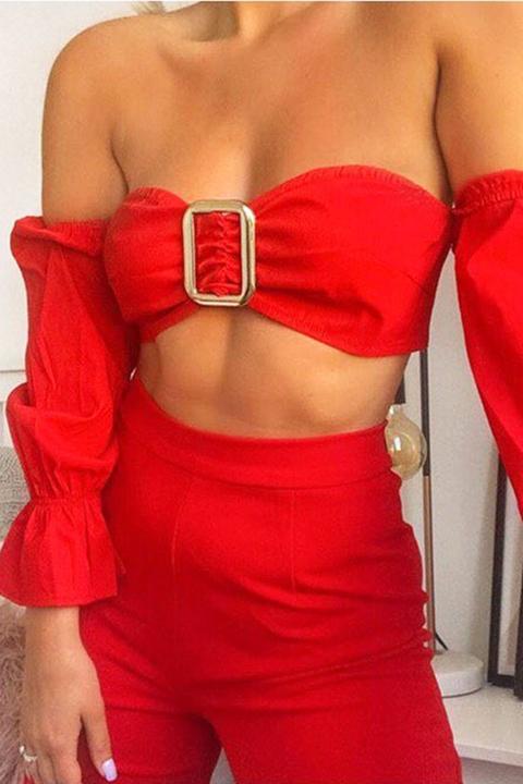 Red Buckle Front Extreme Bardot Crop Top - Theora