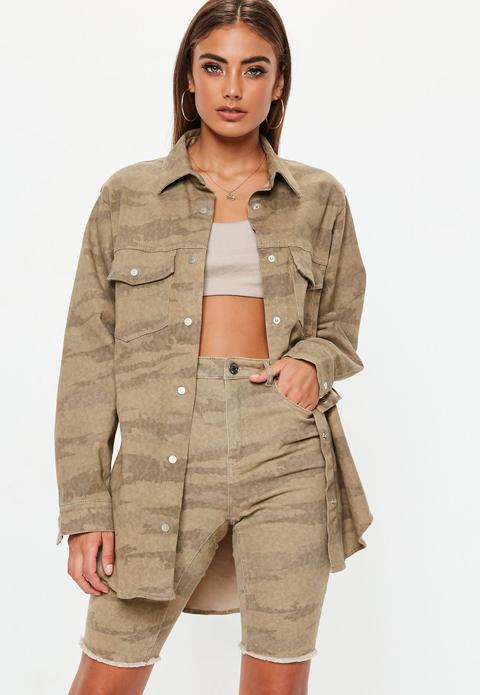 Sand Camo Print Oversized Denim Shirt, Sand