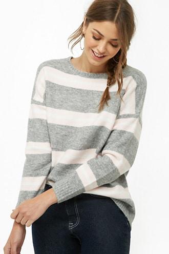 Forever 21 Striped Brushed Knit Sweater Heather Grey/pink