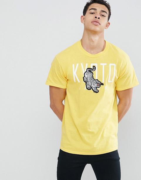 Boohooman T-shirt With Tiger Embroidery In Yellow - Yellow