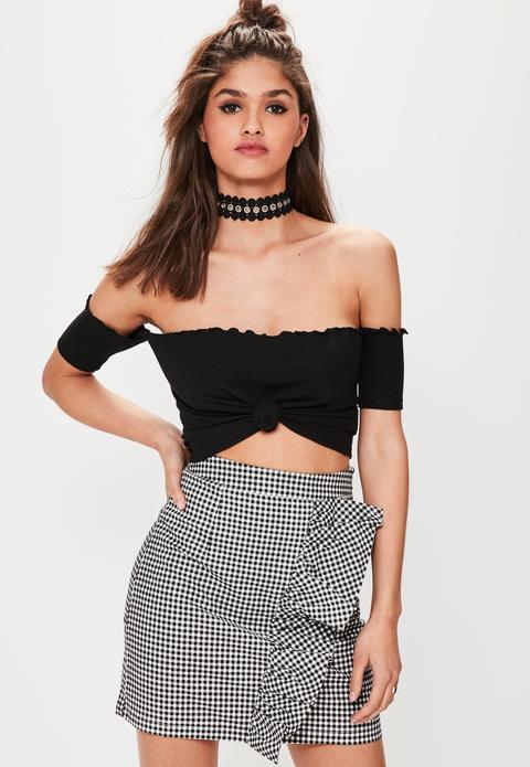 Black Bardot Lettuce Hem Knot Front Crop Top