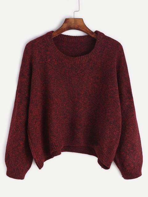 Burgundy Dropped Shoulder Seam Dip Hem Sweater