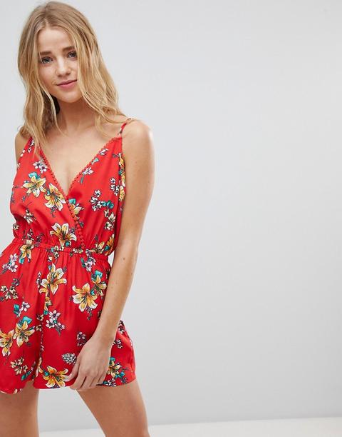 New Look - Tuta Corta Con Stampa Tropicale - Rosso