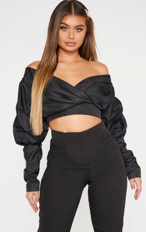 Black Woven Puff Sleeve Crop Shirt