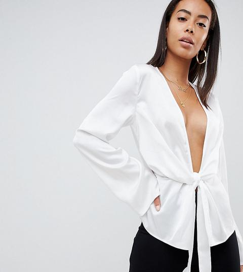 Missguided Tall - Blusa In Raso Con Scollo Profondo - Bianco