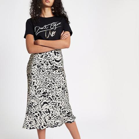 Black Leopard Print Satin Midi Skirt