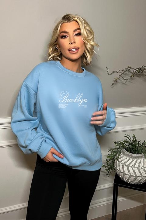 Blue Sweatshirts - Olivia Bowen Blue Oversized 'brooklyn' Slogan Print Sweatshirt