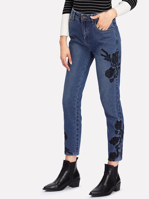 Pantaloni Di Jeans Con Ricamo Di Fiore