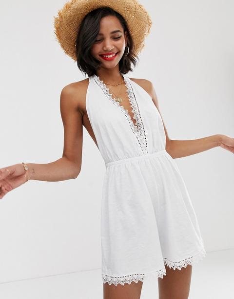 Asos Design - Tuta Corta Allacciata Al Collo Con Bordi In Pizzo - Verde