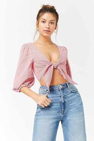 Forever 21 Striped Tie-front Crop Top , White/red