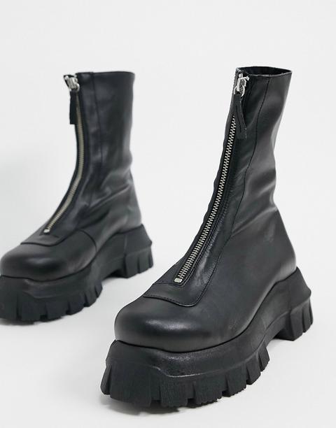 Asos Design - Apricot - Bottines Chunky En Cuir Premium Zippées Devant - Noir