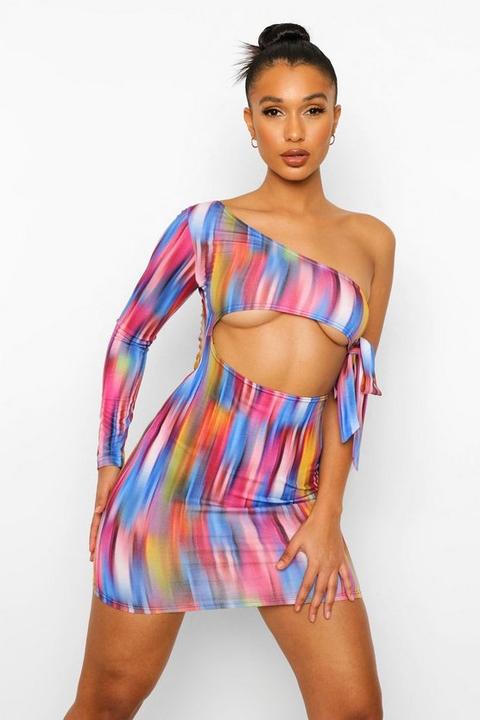 Womens Abstract Print One Shoulder Mini Dress - Multi - 14, Multi