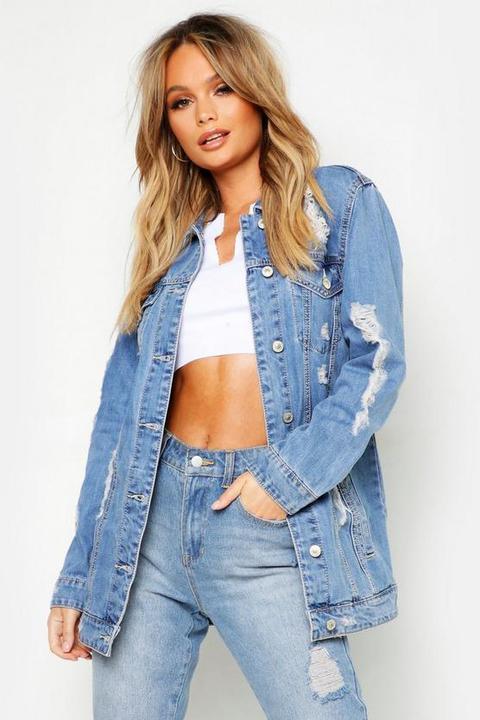distressed longline denim jacket