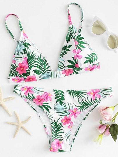 Conjunto De Bikini Triangular Con Estampado Tropical