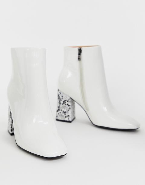 Public Desire Vesper White Ankle Boots With Square Toe And Snake Heel