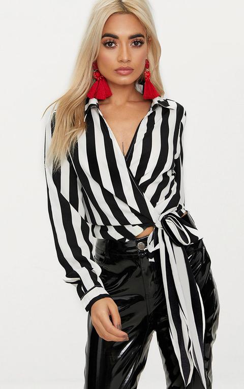 Monochrome Stripe Wrap Front Tie Side Blouse